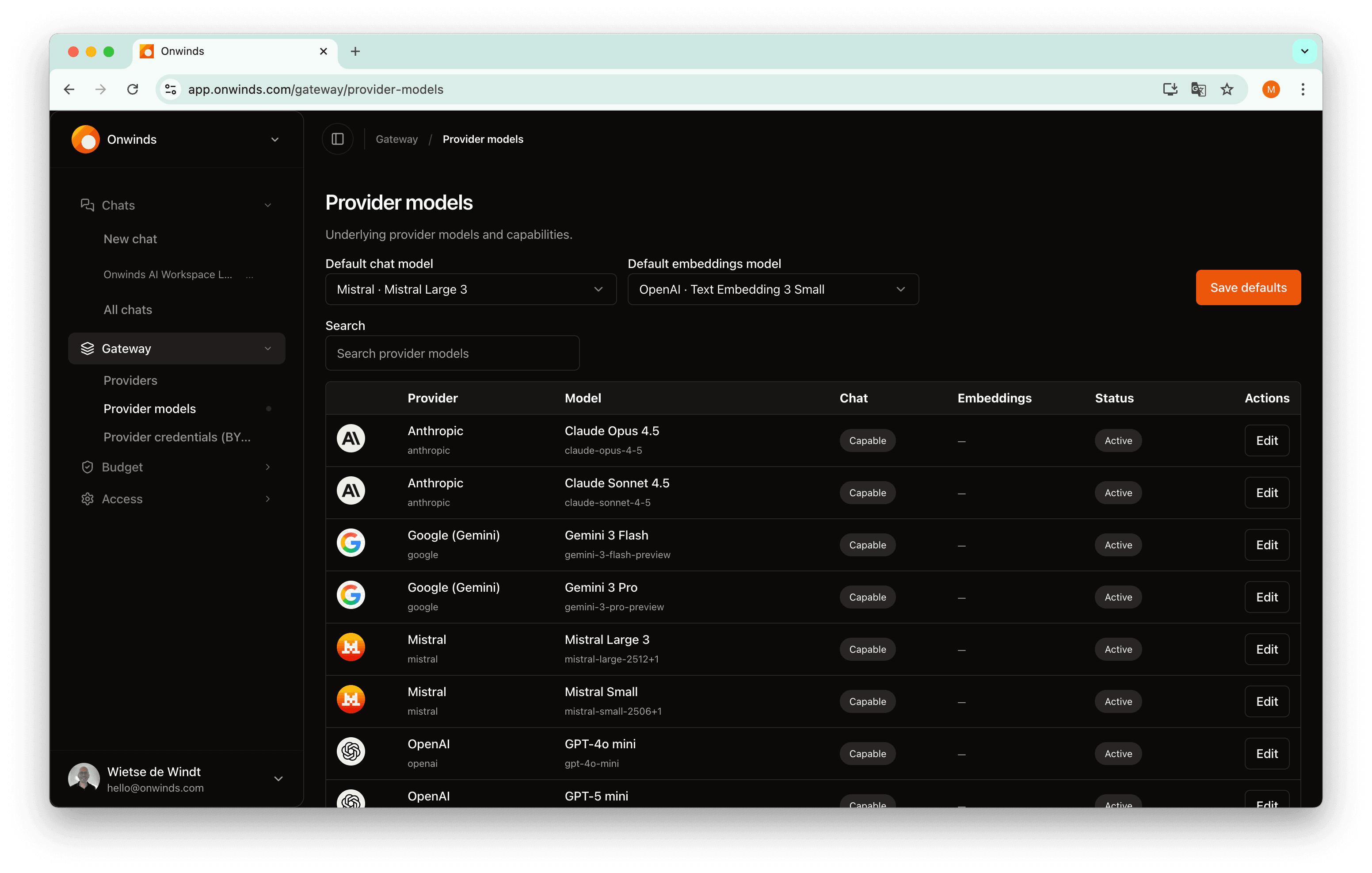 Onwinds models (dark mode) screenshot